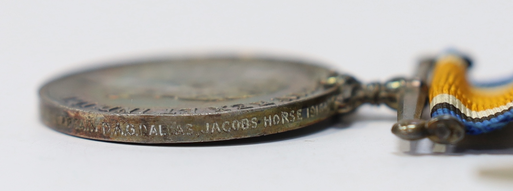 A WW1 pair oddly named for 'Maj Gen A.G.Dallas. Capt D.A.G.Dallas Jacob's Horse 1916-' with miniatures and a 1937 Coronation medal (5). Condition - fair